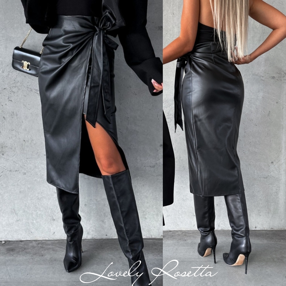Black Faux Leather Wrap Skirt - Picture 4 of 6